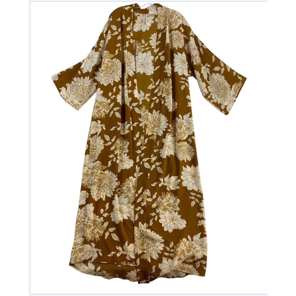 Mimi Chica Kimono Sz S Brown Floral Boho Summer Spring Swim Cover Lightweight